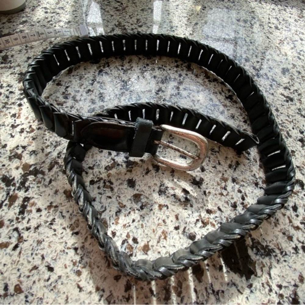 DONNA KATZ Woven Leather Belt Distressed Silver Buckle Adjustable Size L